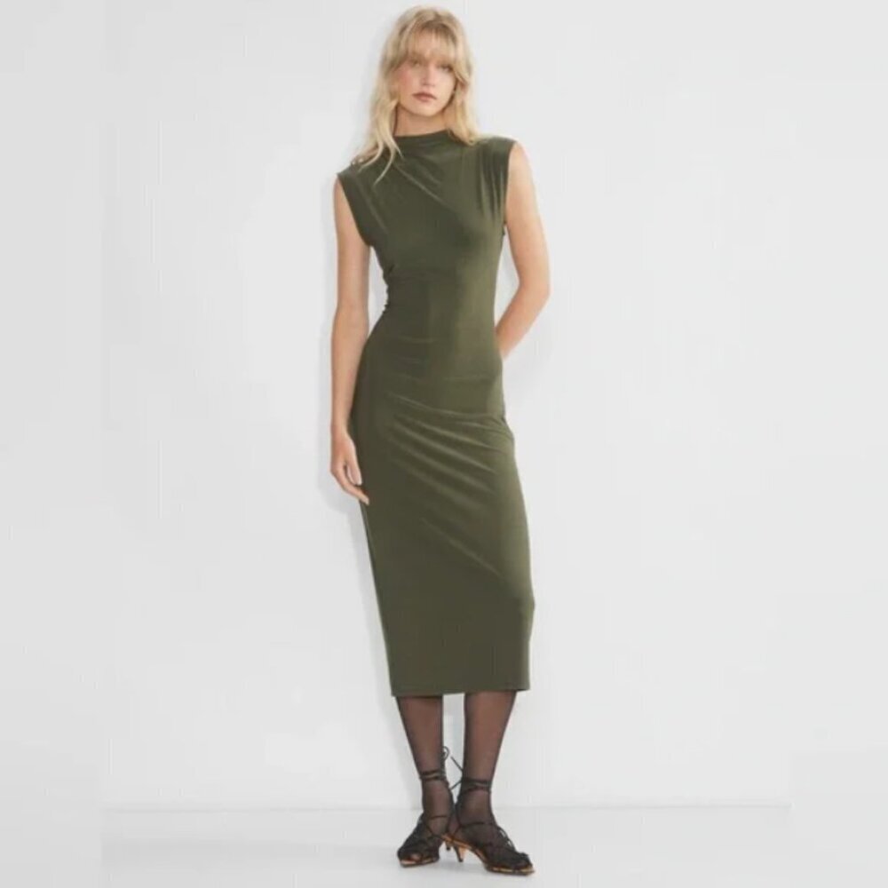 Aritzia Wilfred Botanist Dress in Dark Olive Green Size Large L Midi EUC
